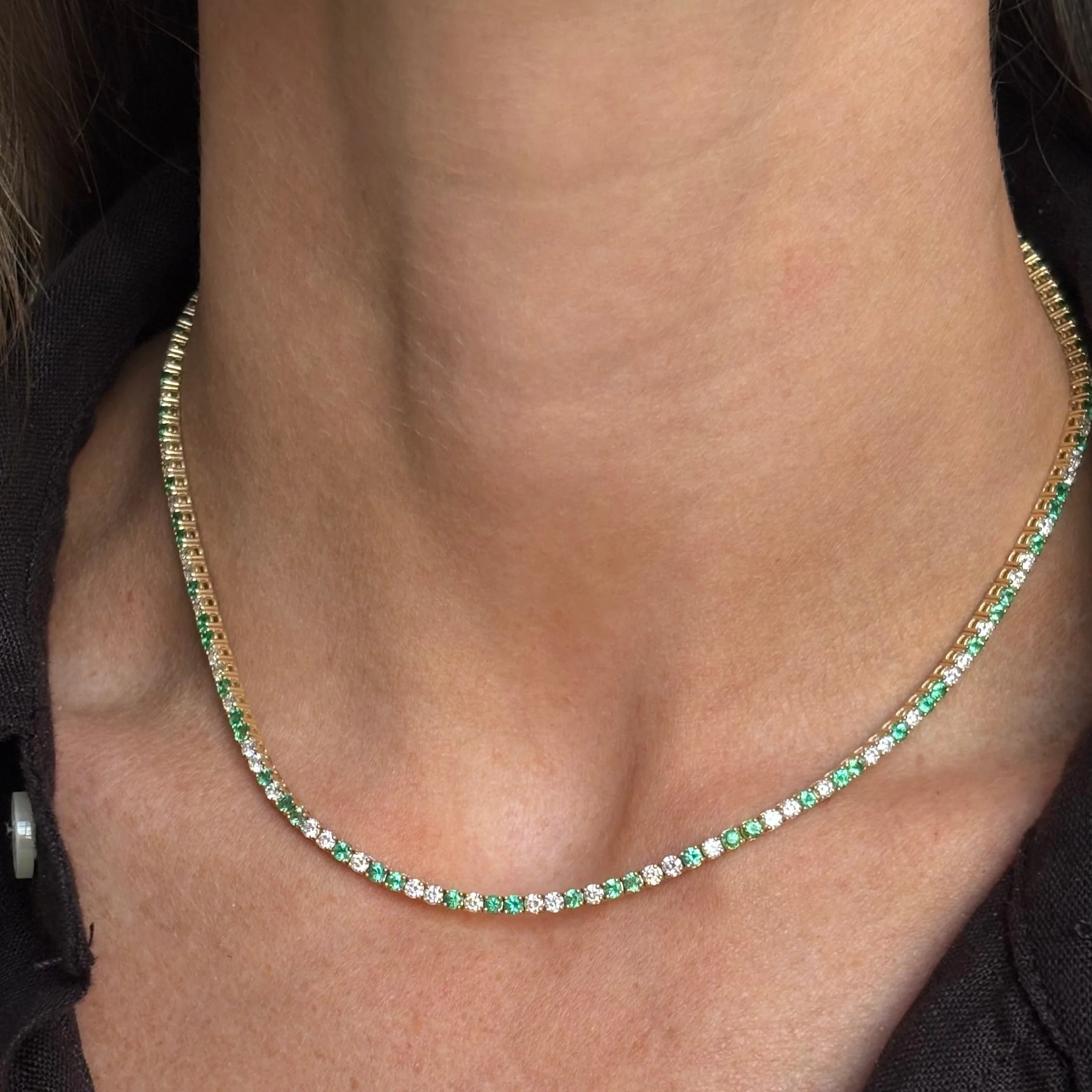 Grace Green Emerald and Diamond Tennis Necklace - Image 4