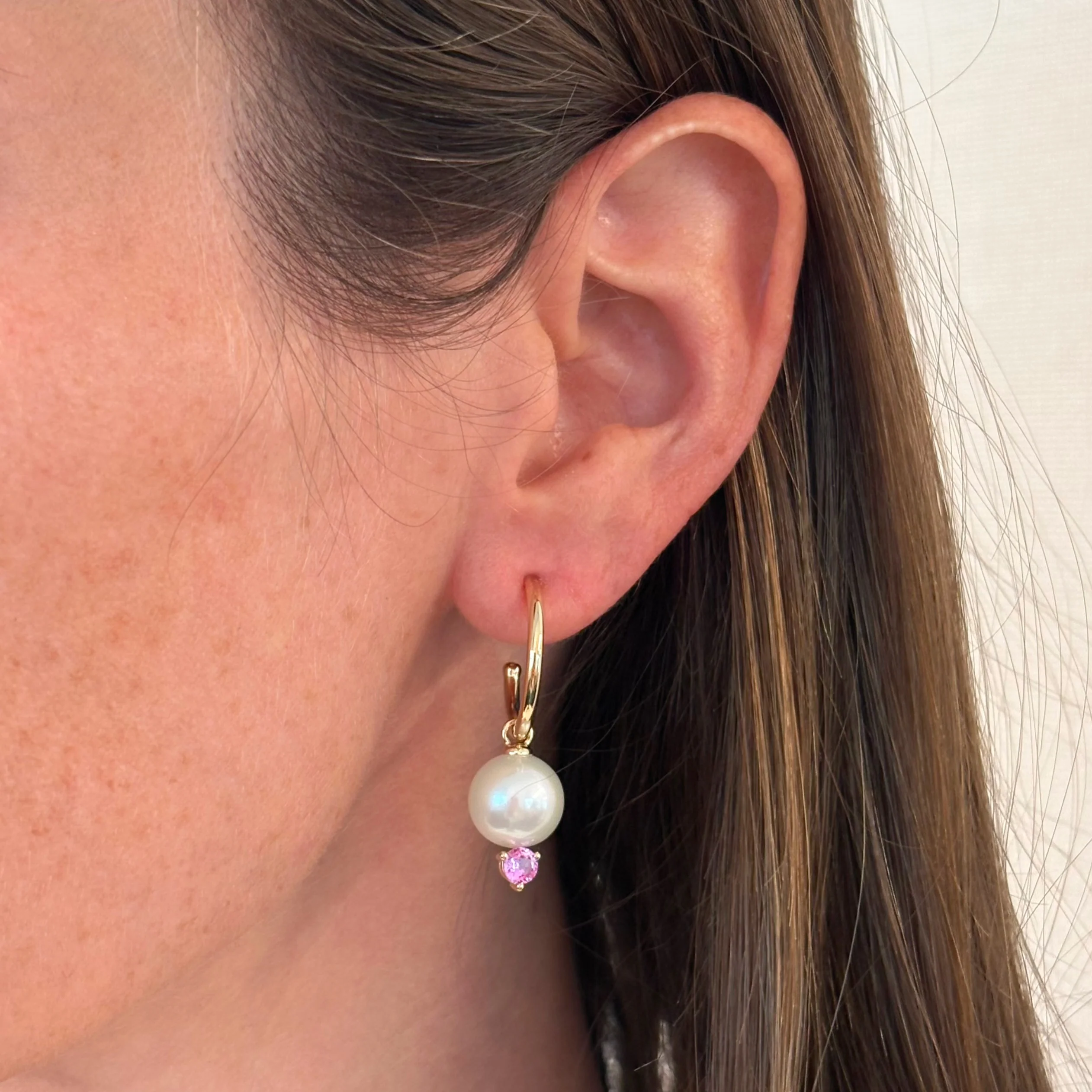 Grace Pearl and Pink Sapphire Hoop Earrings - Image 4