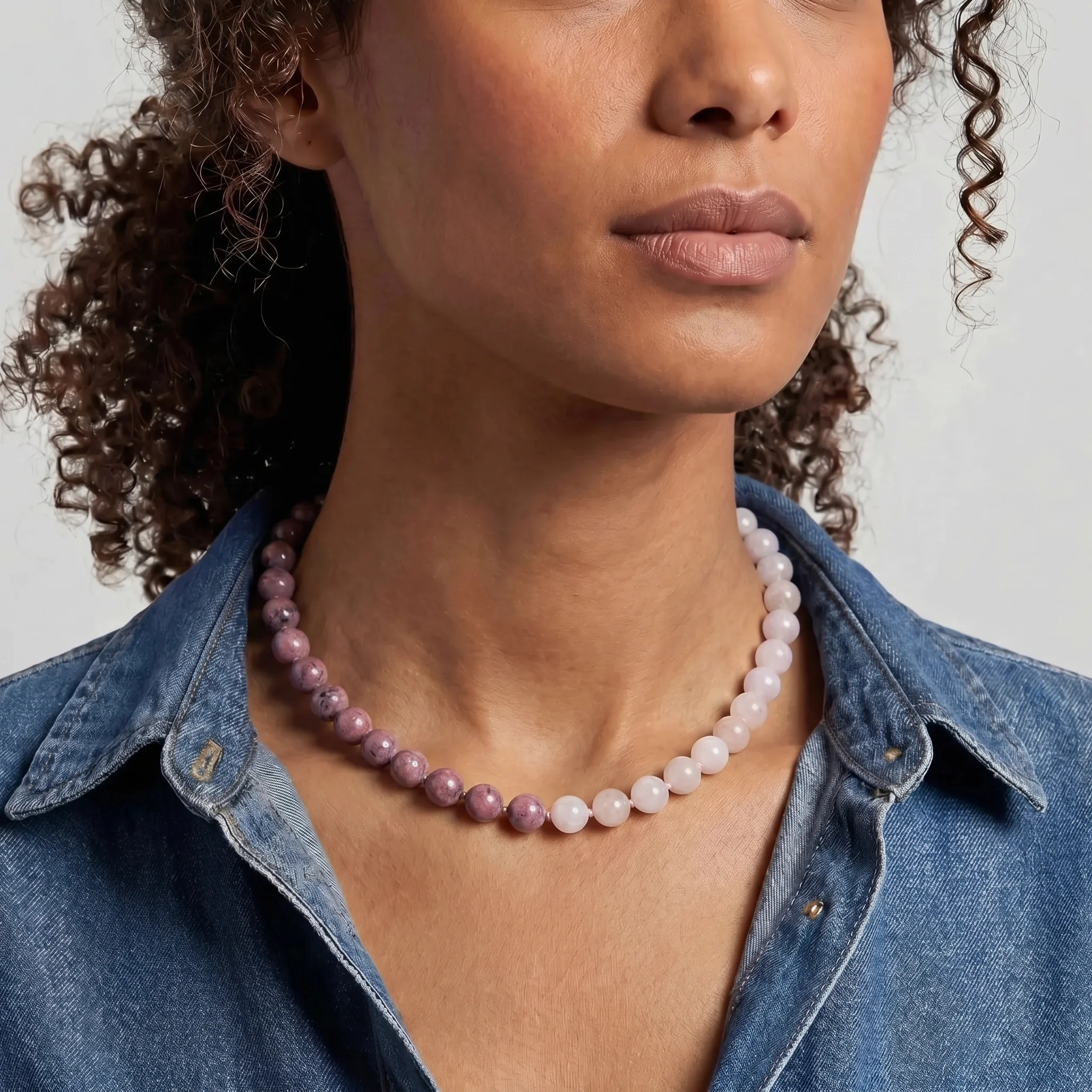 Kendall Two Tone Pink Morganite and Rhodonite Beaded Necklace - Image 3