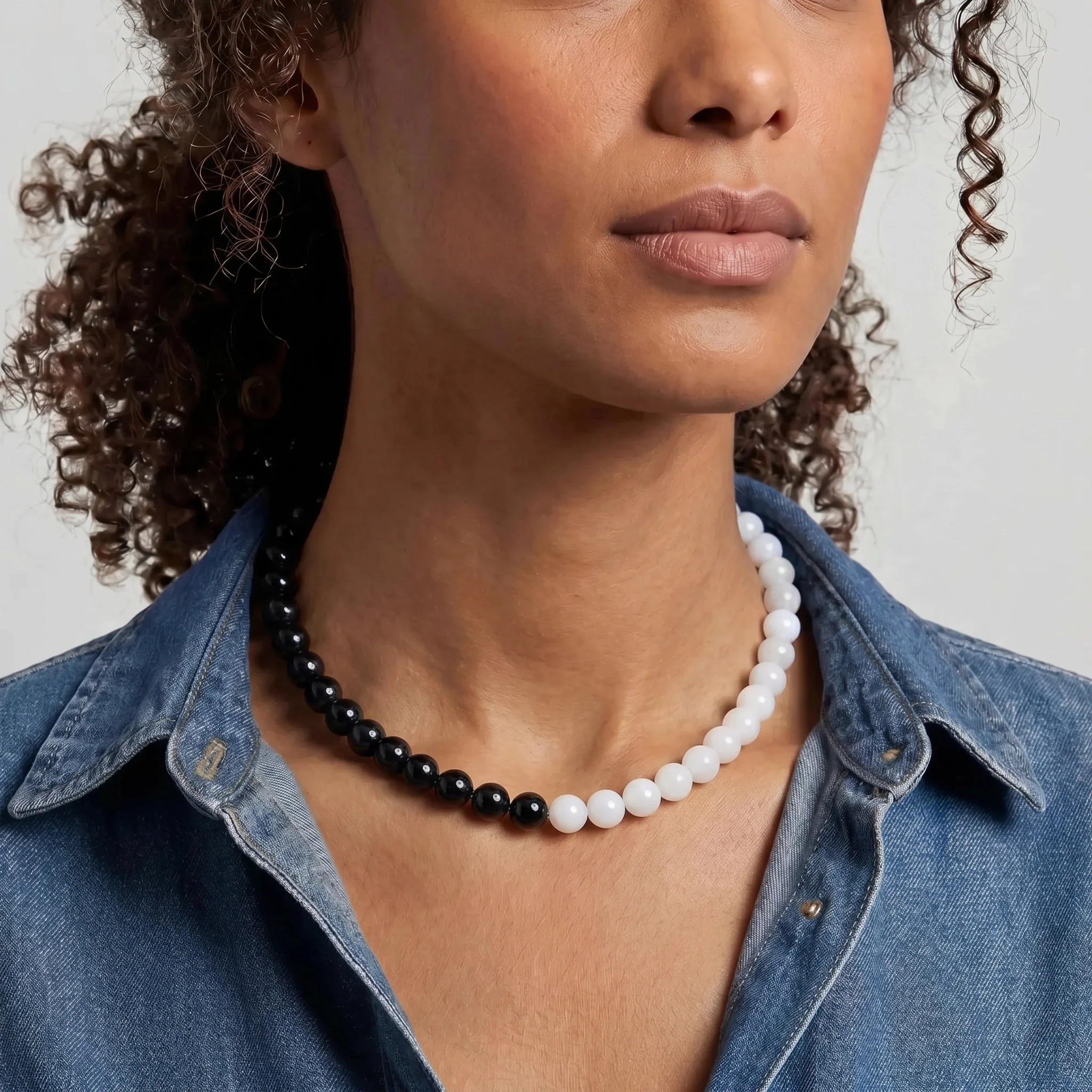 Kendall Two Tone White Agate and Black Agate Beaded Necklace - Image 2