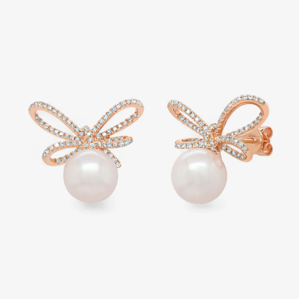 Grace Pearl and Diamond Bow Stud Earrings - Image 3