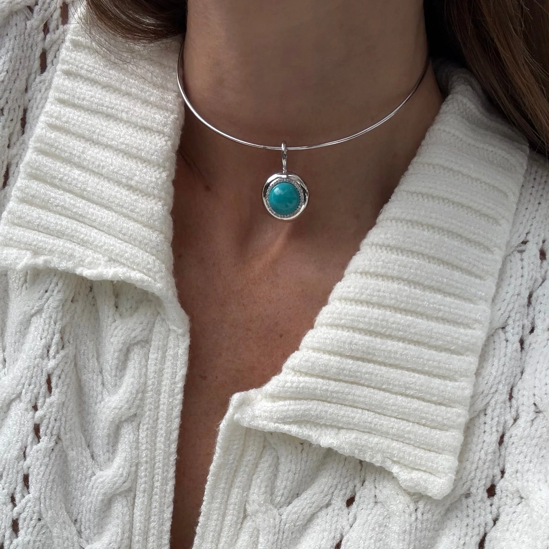 Sterling Silver Large Turquoise Cabochon Candy Button Pendant - Image 3